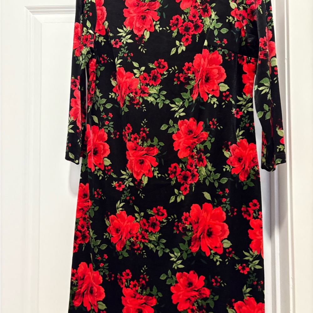 Chic Black & Red Floral Roses Velvet Dress by RN Studios Size Petite Medium